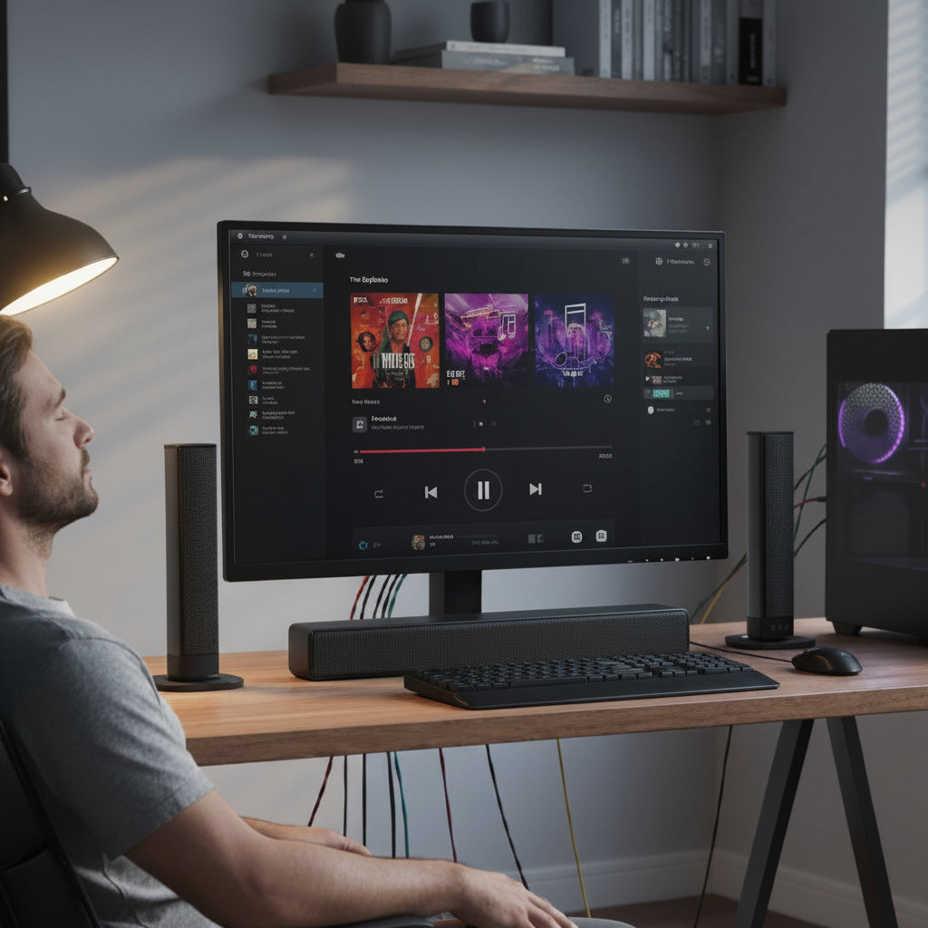 Barre de son PC son panoramique immersif installation simple plug-and-play sur table avec homme qui écoute de la musique