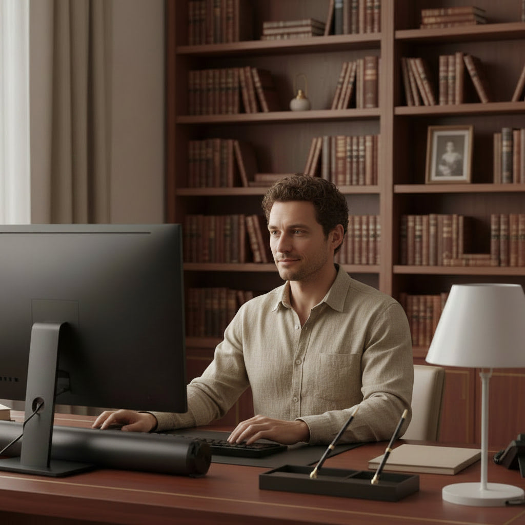 Barre de son pour PC son immersif sous écran au bureau professionnel, homme au travail