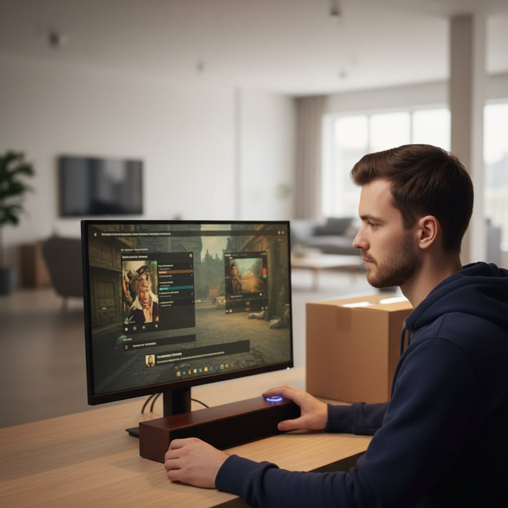 Barre de son pour PC immersion sonore gaming et films, homme en installation de la barre de son pc