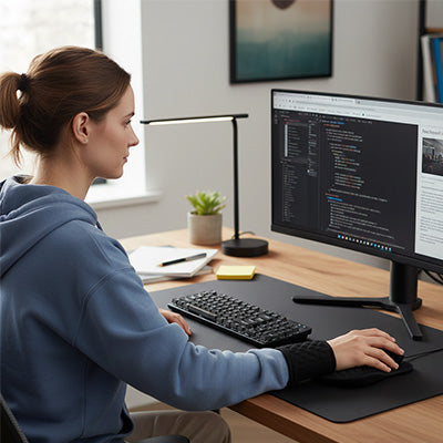 Tapis de souris ergonomique en utilisation sur bureau femme au travail - Mon Univers Tecno