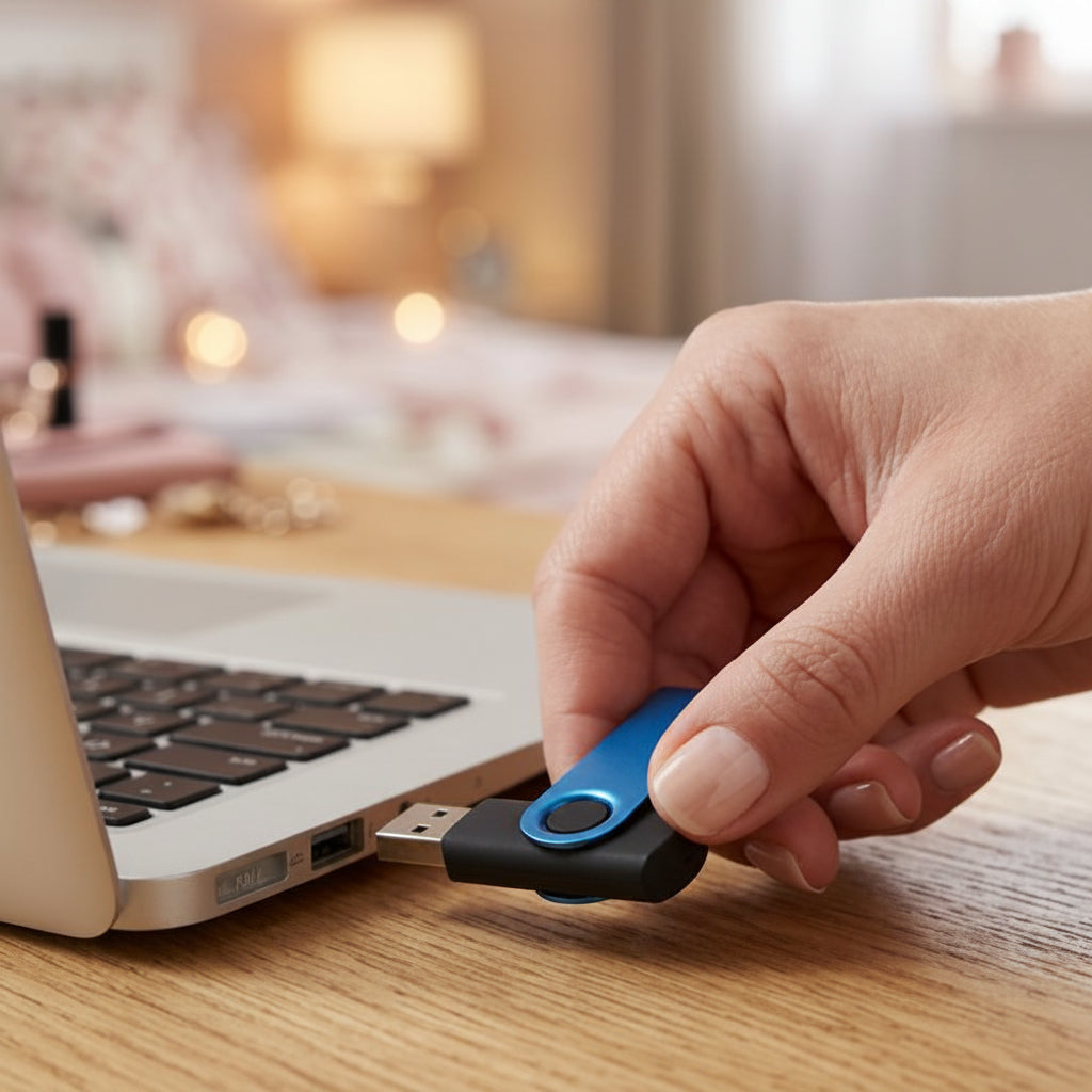 Clé usb 64 go bleu vue insertion sur portable