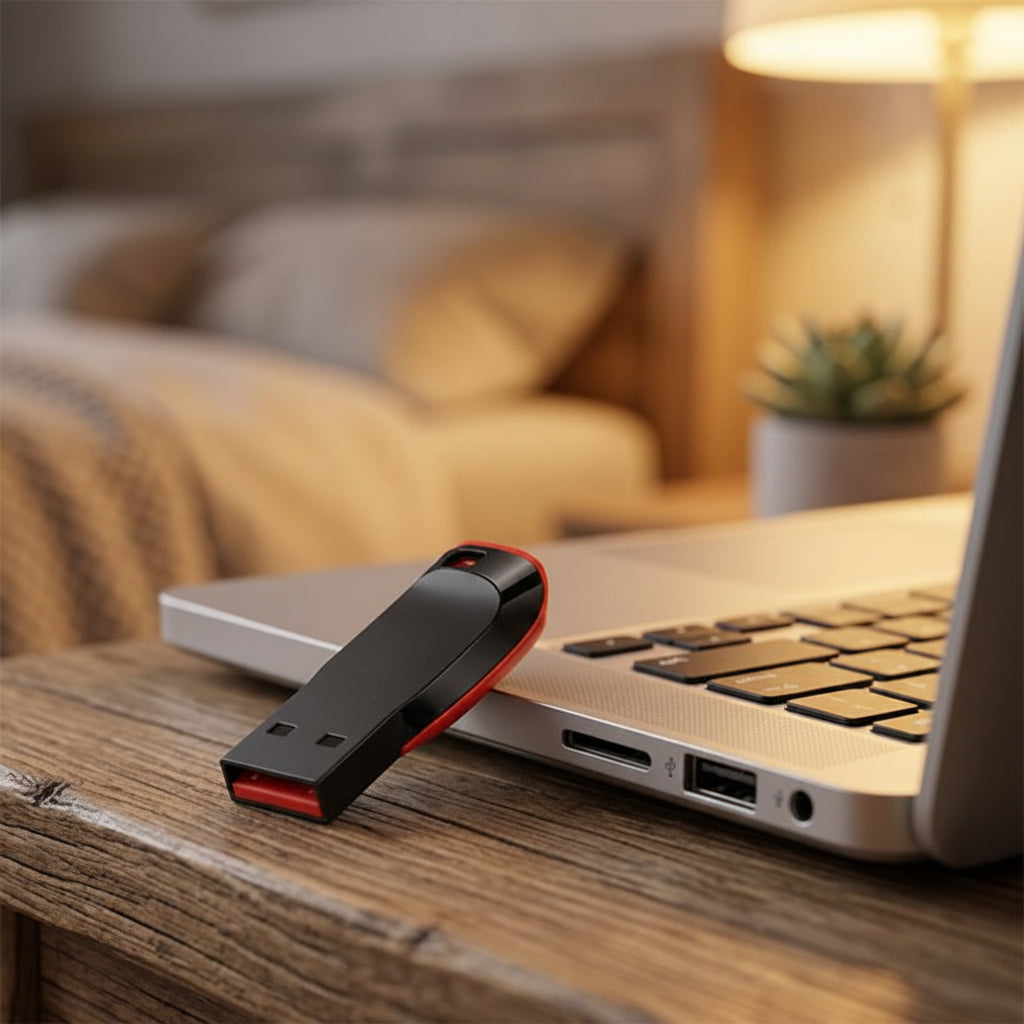 Clé usb 64 go accoté sur le coté du portable sur table de nuit