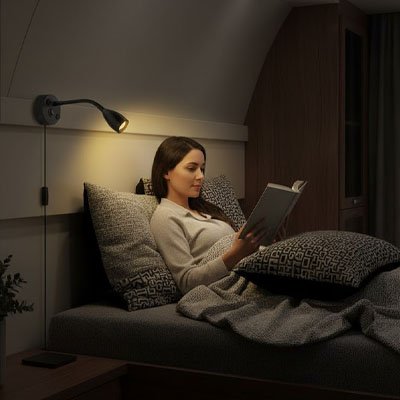Lampe de lecture au mur au dessus d'une femme côté gauche