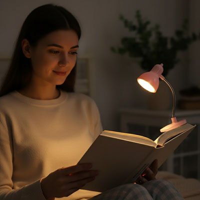 Lampe de lecture rose attaché a un livre avec femme faisant la lecture