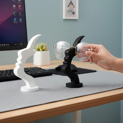 Porte lunette noir et blanc sur table vue de côté