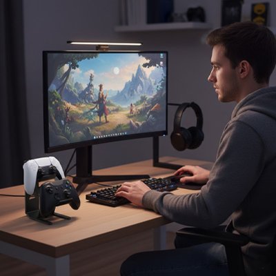 Porte manette sur bureau a gauche avec homme sur pc