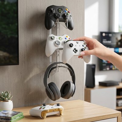 Porte manette fixé au mur / plusieurs manettes et casque installés