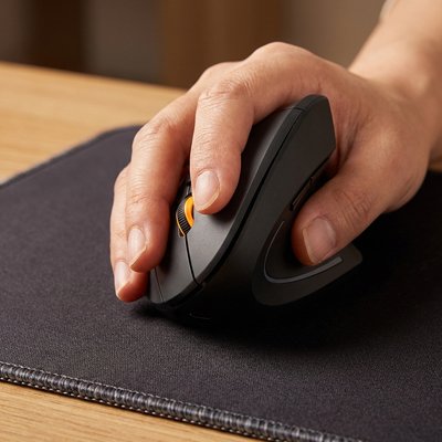 Souris bluetooth au travail noir avec une main sur bureau