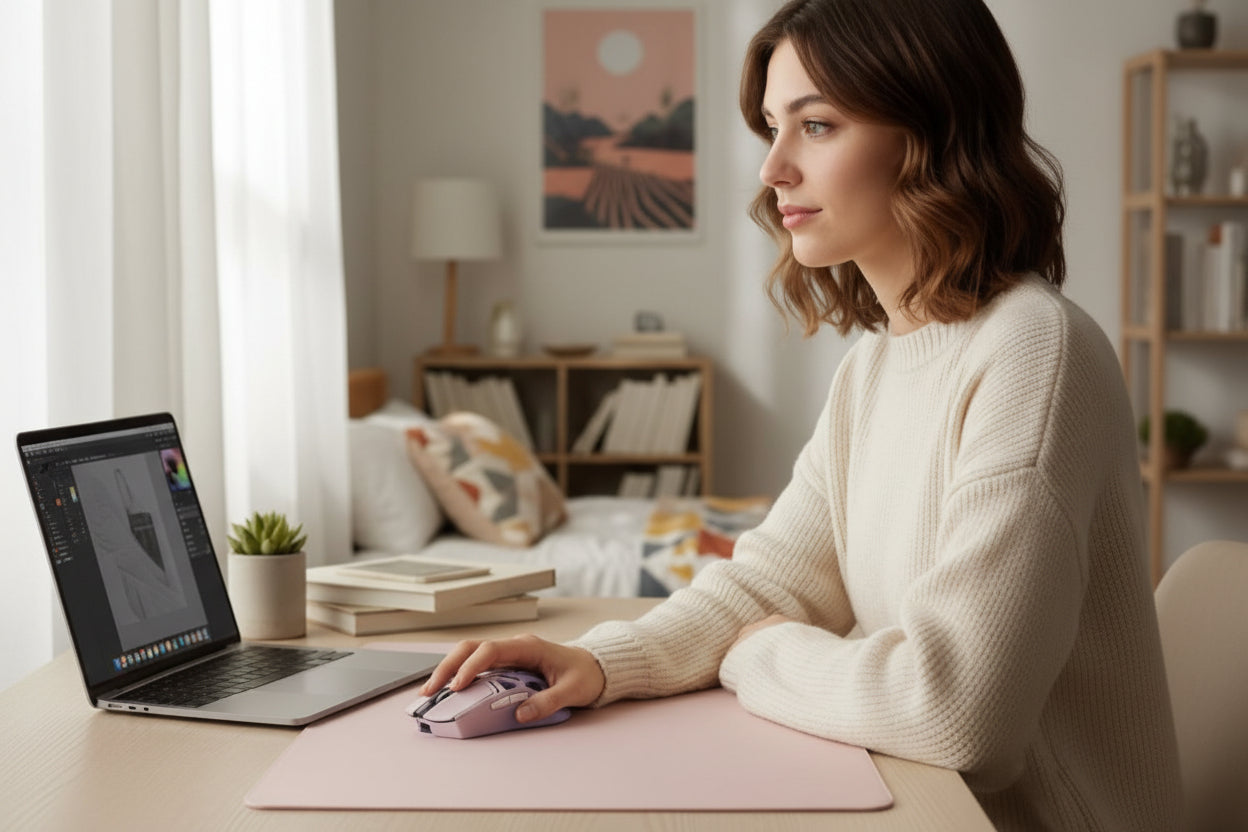 Souris bluetooth mauve sur bureau avec femme au travail