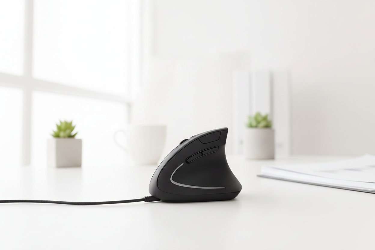Souris ergonomique compatible PC Mac plug and play sans pilote bureau en présentation