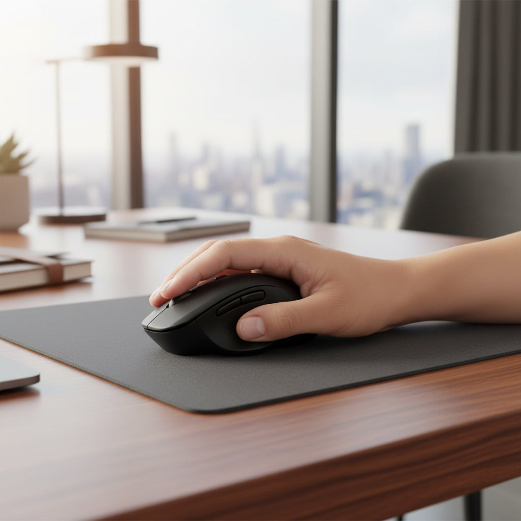 Souris ergonomique noir sur bureau avec main - Mon Univers Tecno