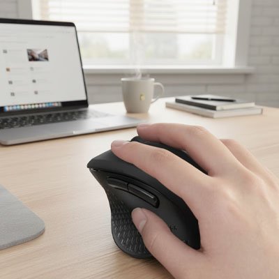 Souris ergonomique sur bureau avec main au travail - Mon univers Tecno