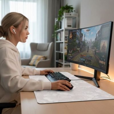 Sous main bureau blanc avec femme au tavail