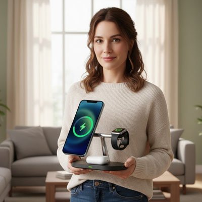 Station de charge dans les main d'une femme souriante qui nous regarde