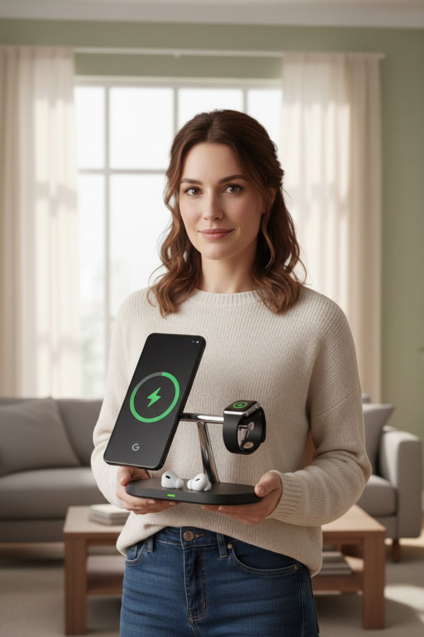 Station de charge design compact noir argenté dans les main d'une femme souriante qui nous regarde