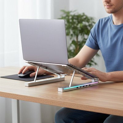 Support ordinateur portable blanc au travail de dos avec del illuminée