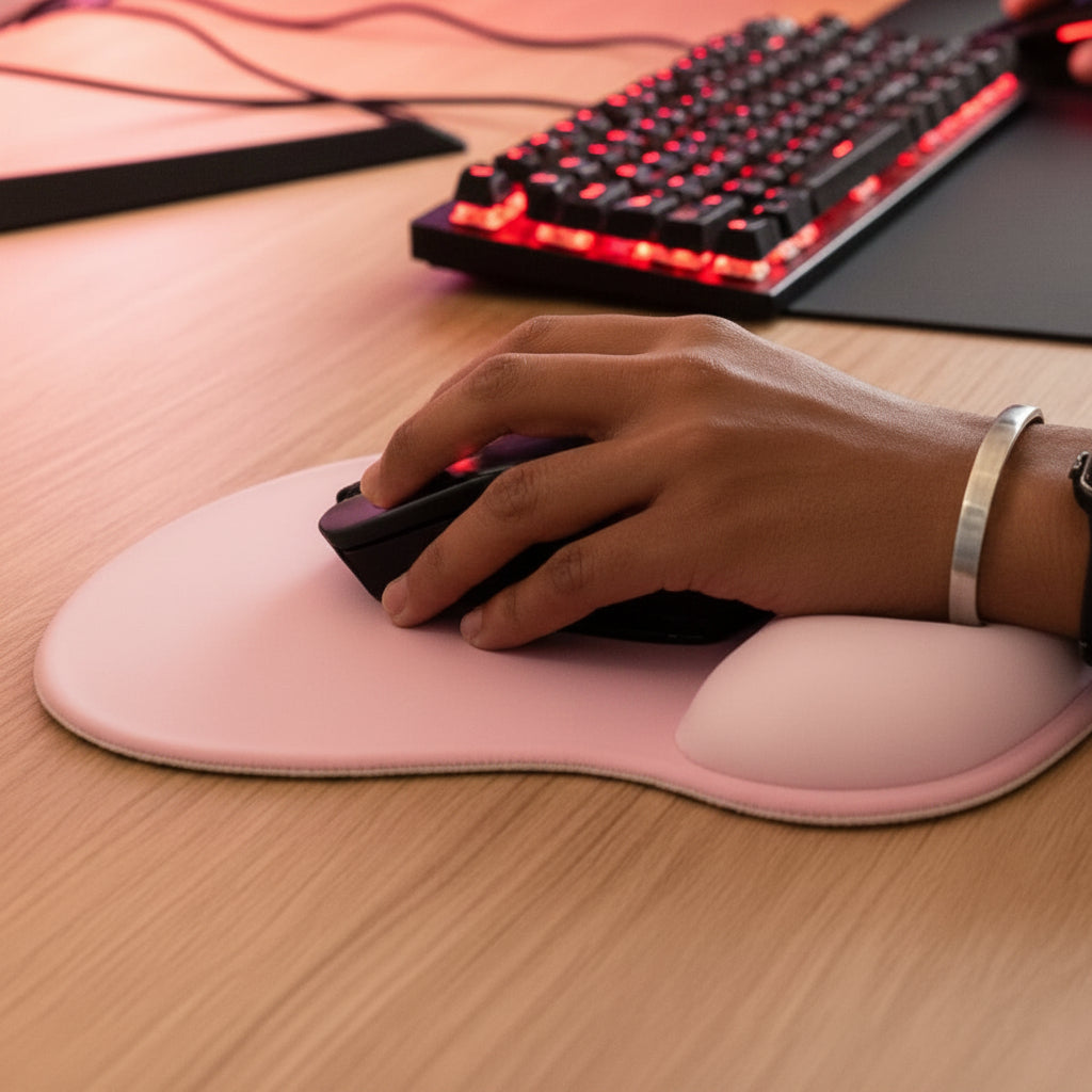 Tapis de souris ergonomique coloris rose avec une main et souris