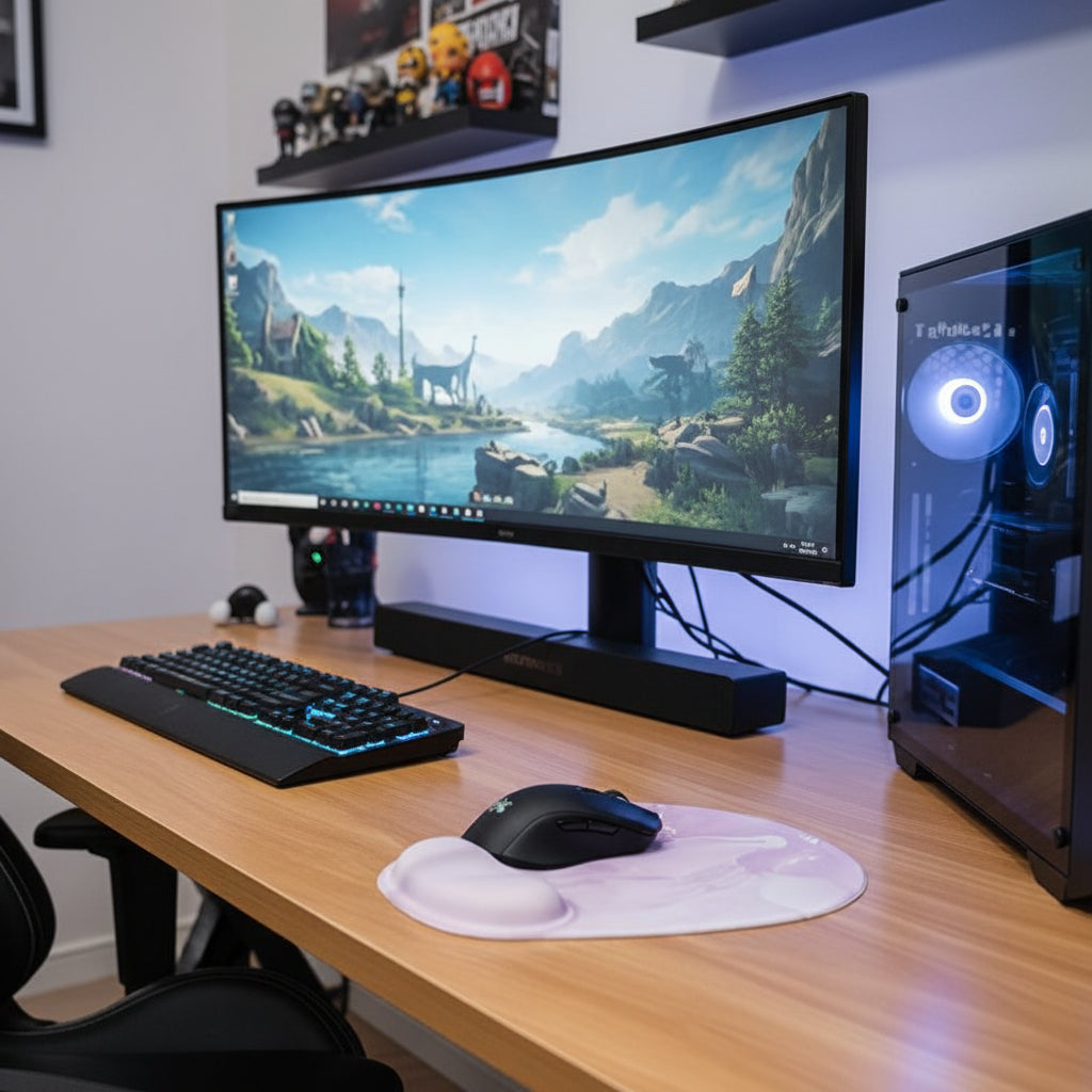 Tapis de souris ergonomique rose sur bureau avec souris