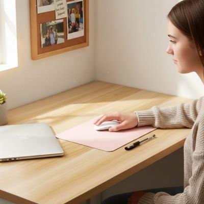 Tapis de souris rose sur table avec femme au travail