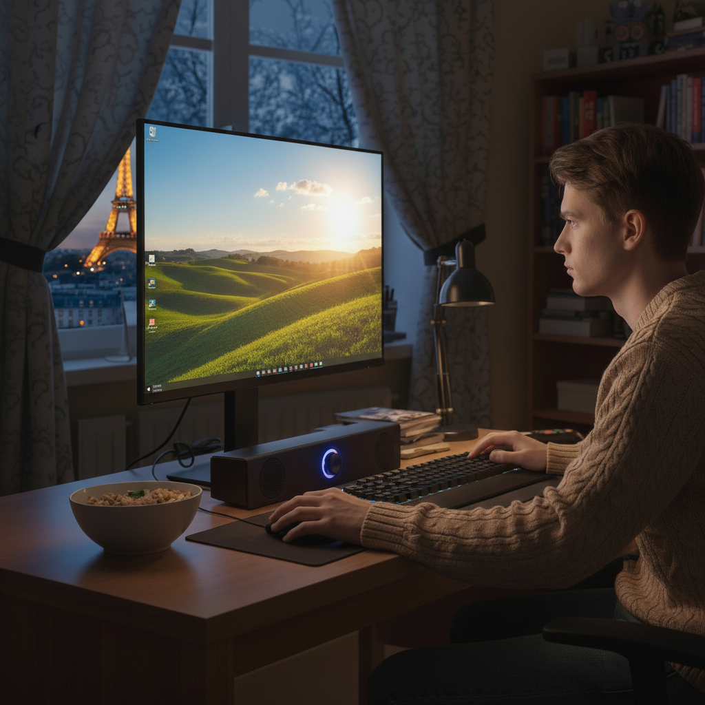 Barre de son PC Audio immersif LED gaming bureau soir ambiance avec homme devant écran  - Mon Univers Tecno