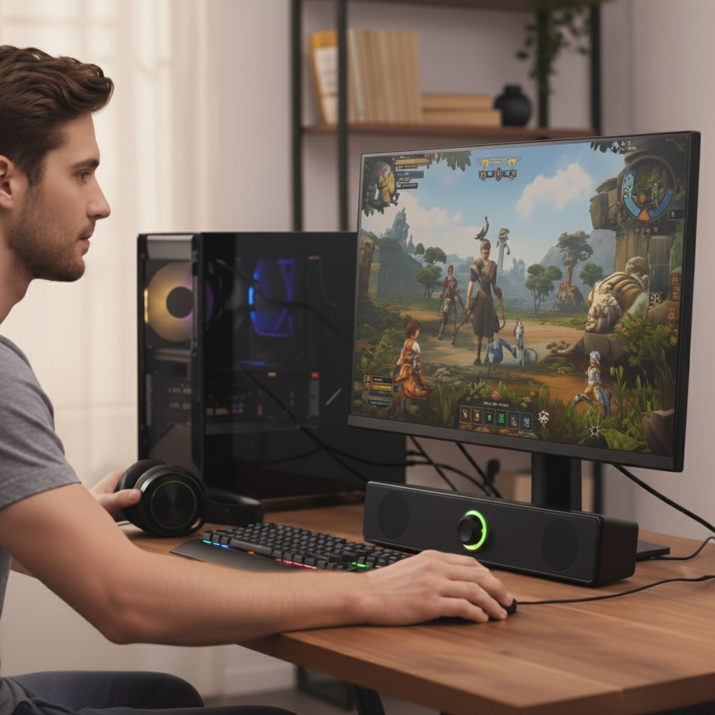 Barre de son PC gaming homme setup RGB LED vert devant écran 