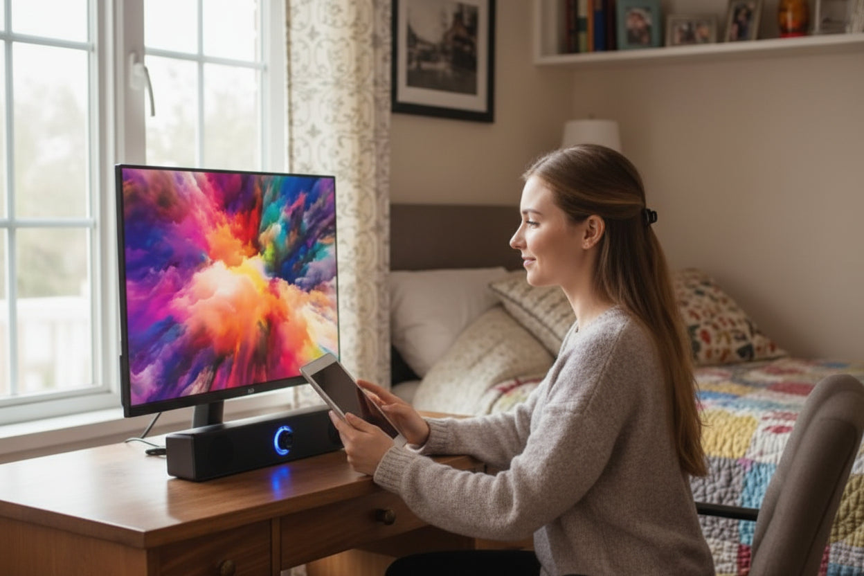 Barre de son PC avec femme qui la tient