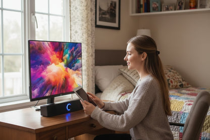 Barre de son PC avec femme qui la tient