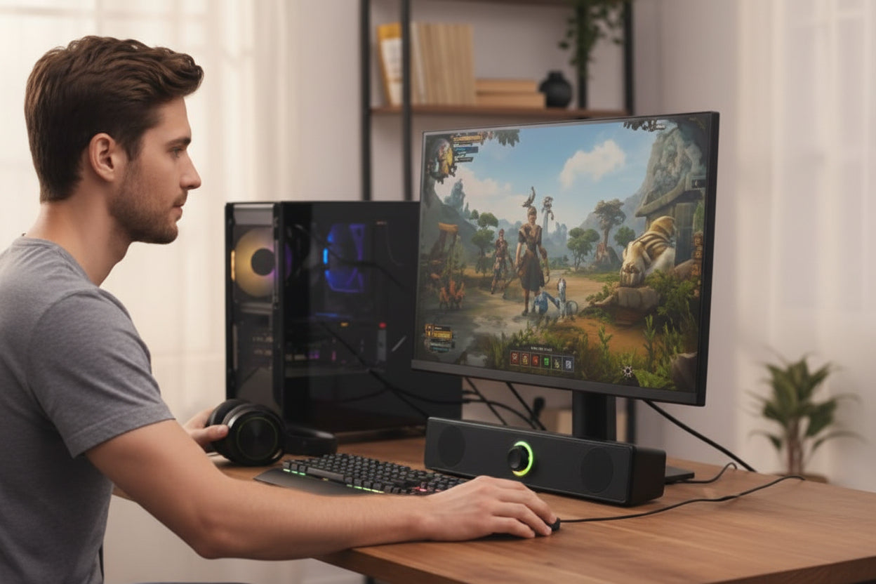 Barre de son PC au travail avec homme assis au bureau