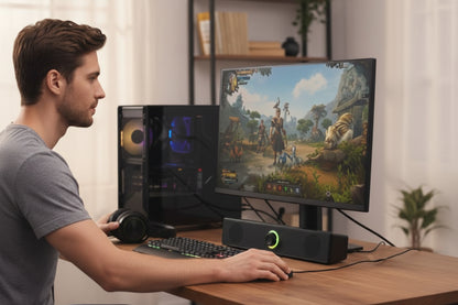 Barre de son PC au travail avec homme assis au bureau