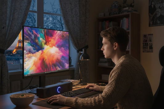 Barre de son PC  sous l'écran avec un homme devant l'écran - Mon Univers Tecno