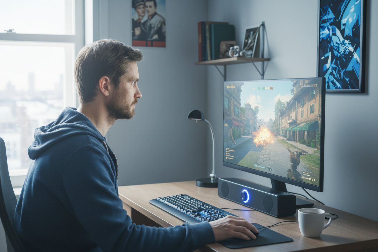 Barre de son PC sous l'écran sur bureau avec homme qui joue sur portable. 
