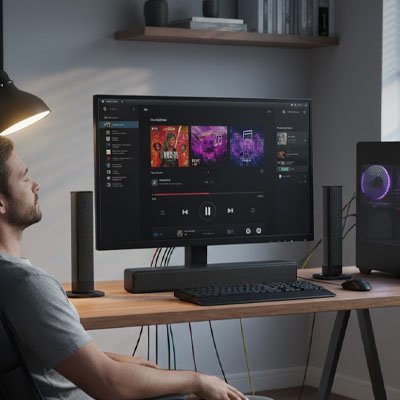 Barre de son PC sur table avec homme au repos qui écoute de la musique 