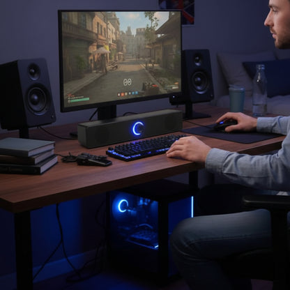 Barre de son PC illuminé le soir sur bureau