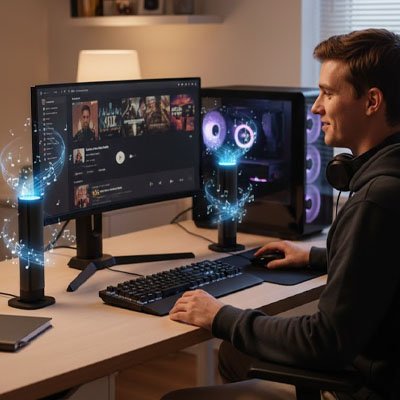 Barre de son PC au travail avec homme sur portable 