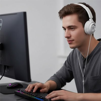 Casque audio filaire blanc confort homme au bureau
