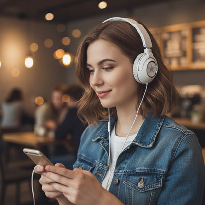 Casque audio filaire blanc détente femme sur iphone