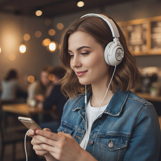 Casque audio filaire blanc détente femme sur iphone