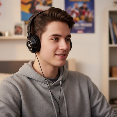Casque audio filaire noir homme ecoute de la musique 