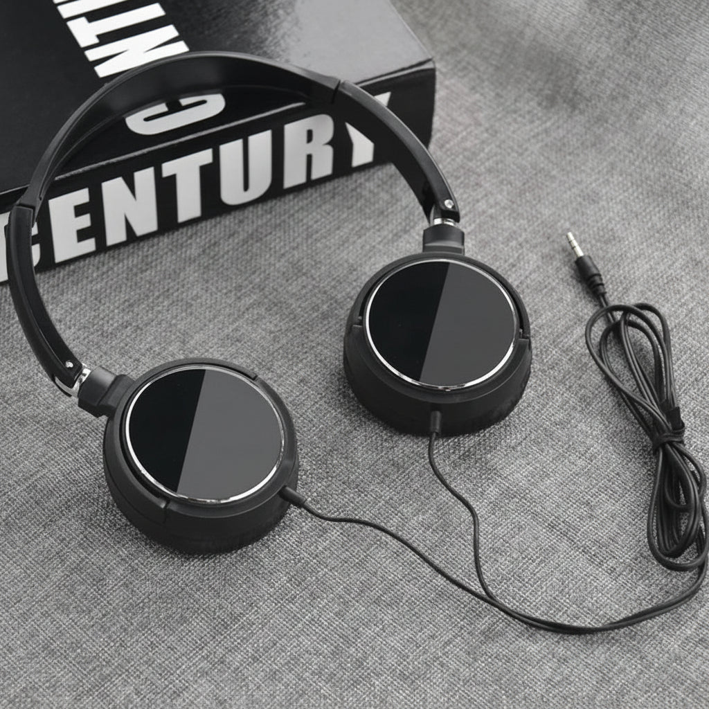 Casque audio filaire noir son puissant sur table en présentation - Mon univers Tecno