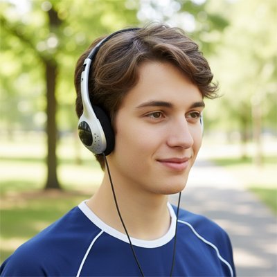 Casque audio filaire polyvalent garçon en balade extérieur