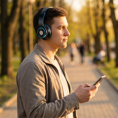 Casque audio sans fil noir bleu homme qui marche dans la rue 