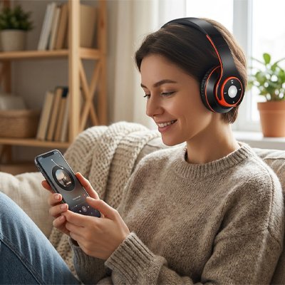 Casque audio sans fil noir rouge femme relax au salon sur iphone
