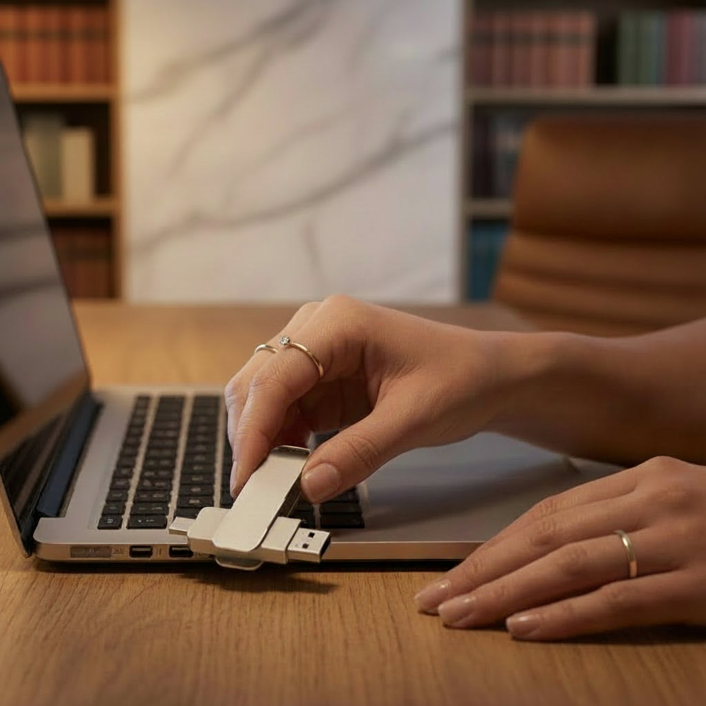 Clé USB 64 Go résistante aux chocs transport quotidien ouvert près du portable
