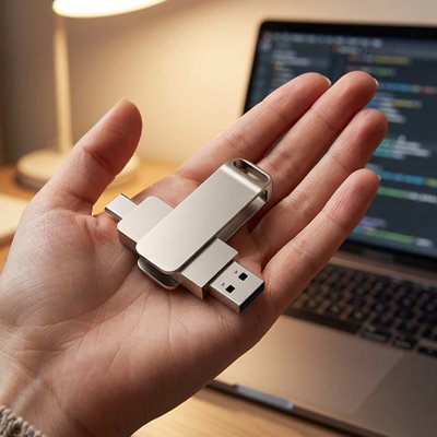 Clé USB 64 Go mécanisme rotatif double connectique vue de côté dans la main
