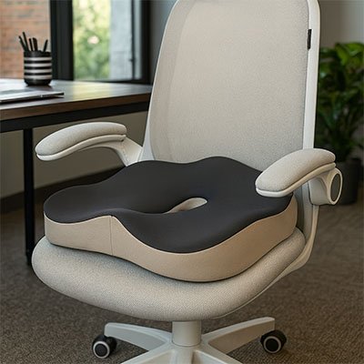 Coussin ergonomique beige et noir sur chaise - Mon Univers Tecno