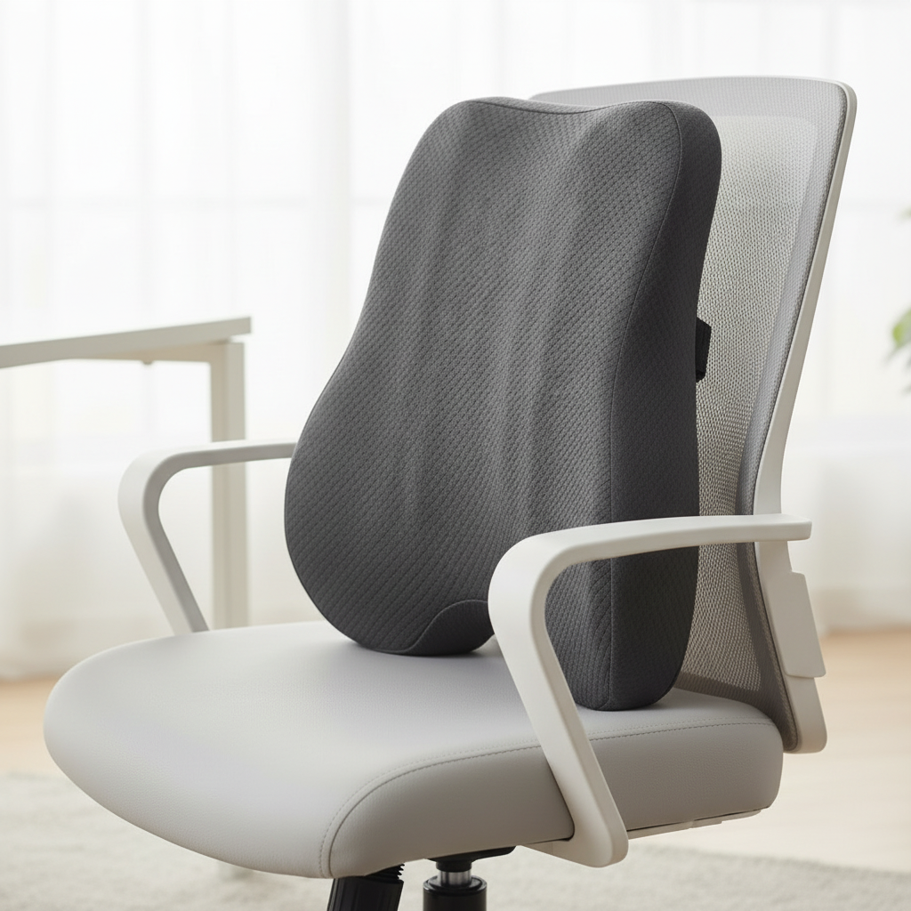 Coussin lombaire gris sur chaise de bureau en gros plan