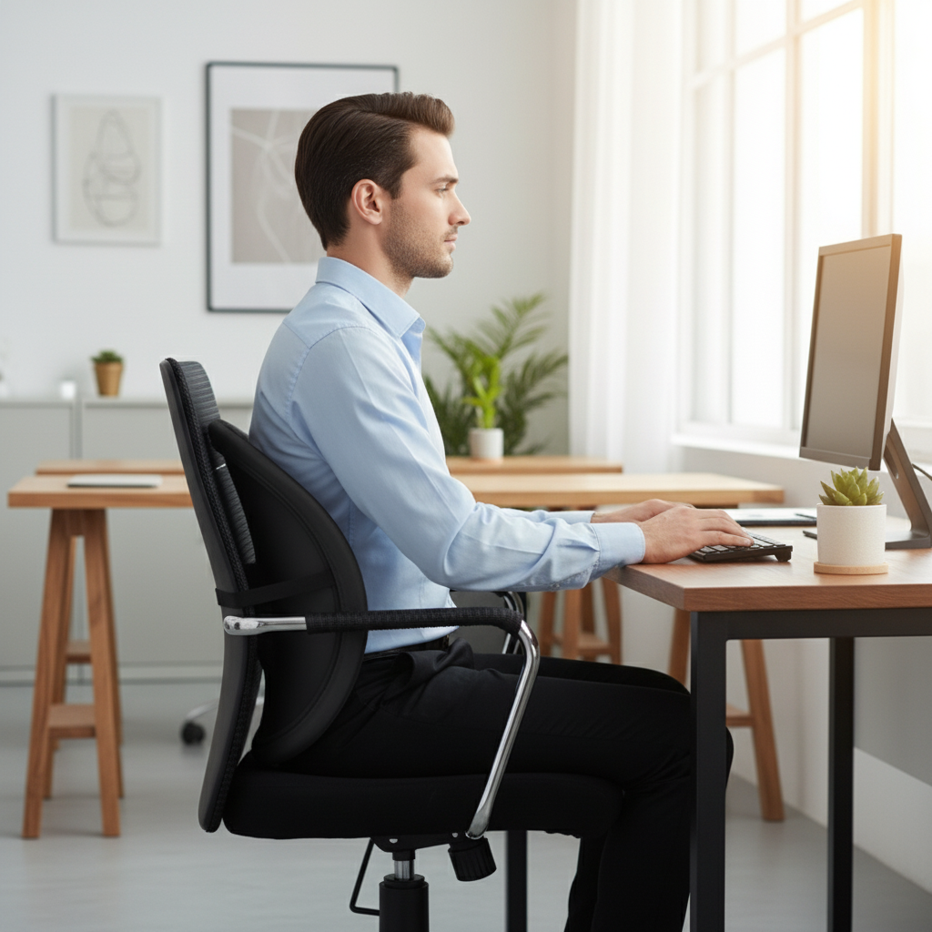 Coussin lombaire avec homme travaillant a son bureau 