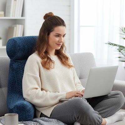 Coussin lombaire bleu sur le divan avec femme sur portable