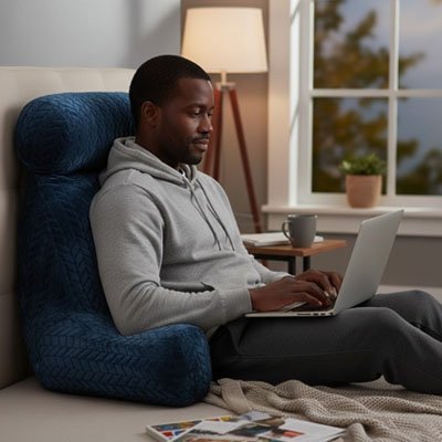 Coussin lombaire bleu homme assis par terre qui travail - Mon Univers Tecno