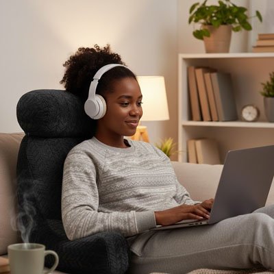 Coussin lombaire noir avec femme qui écoute de la musique